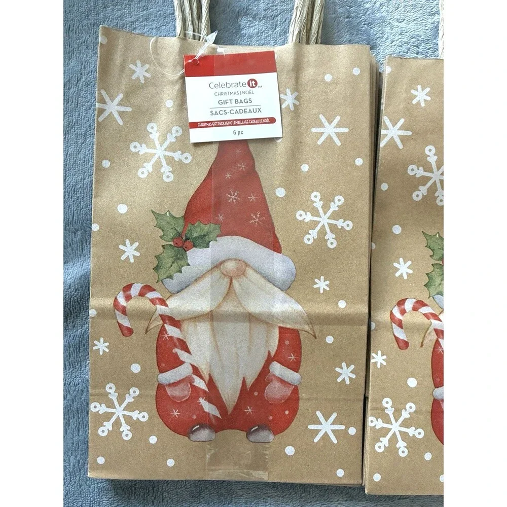 Christmas Gift Bags Gnome Design 18 Total Small Kraft Bags 8” Holiday